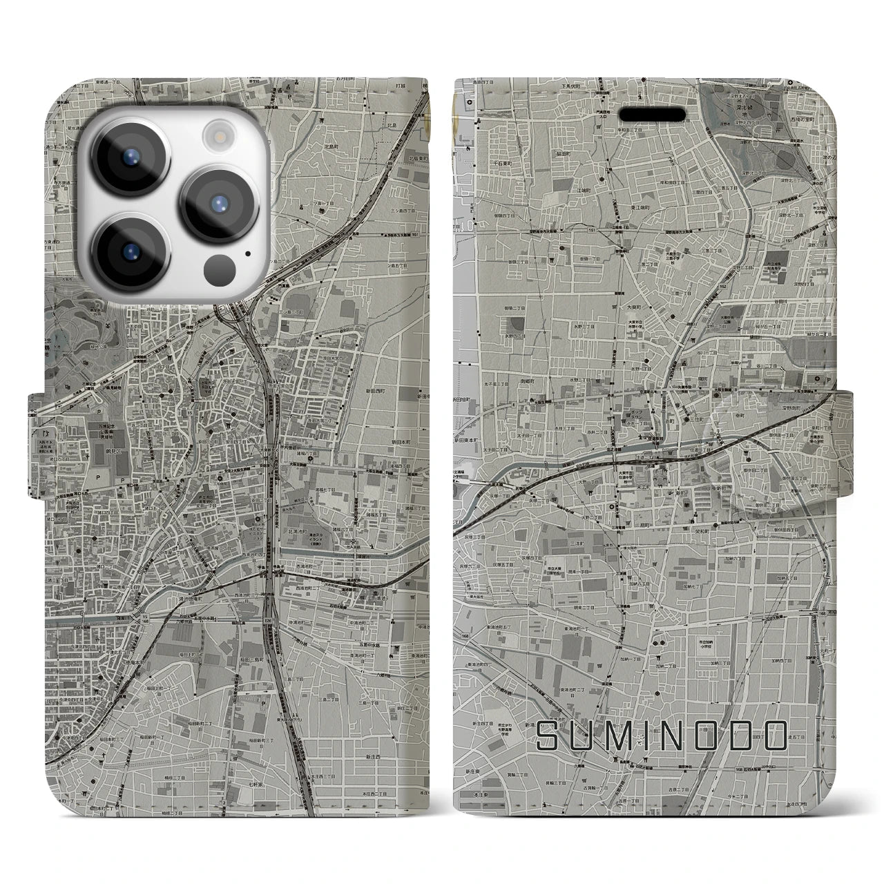 【住道(大阪府)】地図柄iPhoneケース(手帳タイプ)モノトーン・iPhone 14 Pro 用