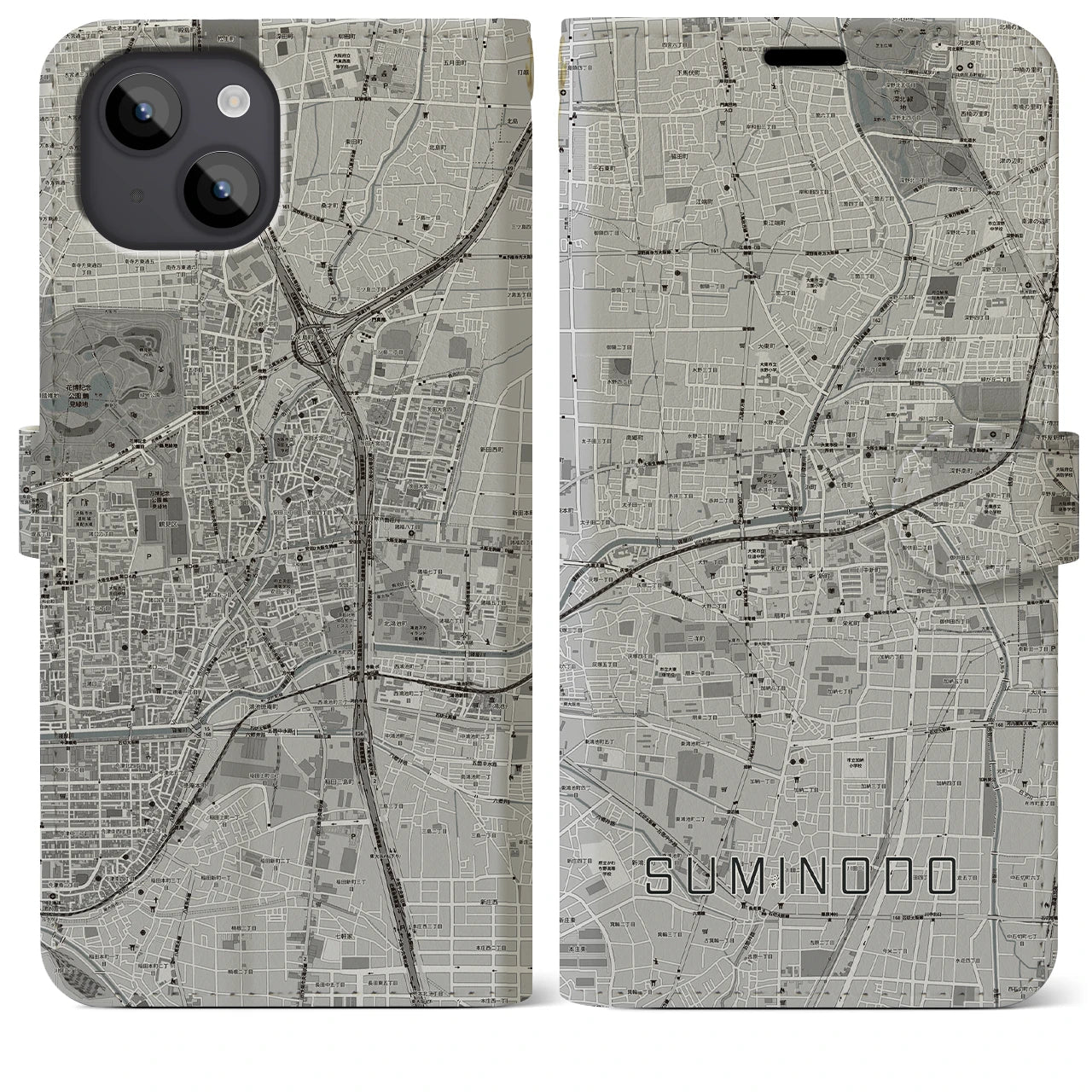 【住道(大阪府)】地図柄iPhoneケース(手帳タイプ)モノトーン・iPhone 14 Plus 用