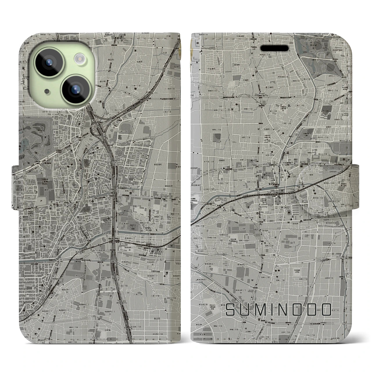 【住道(大阪府)】地図柄iPhoneケース(手帳タイプ)モノトーン・iPhone 15 用