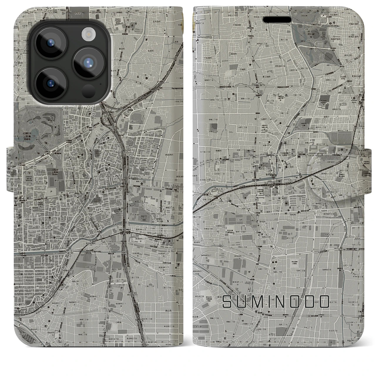 【住道(大阪府)】地図柄iPhoneケース(手帳タイプ)モノトーン・iPhone 15 Pro Max 用