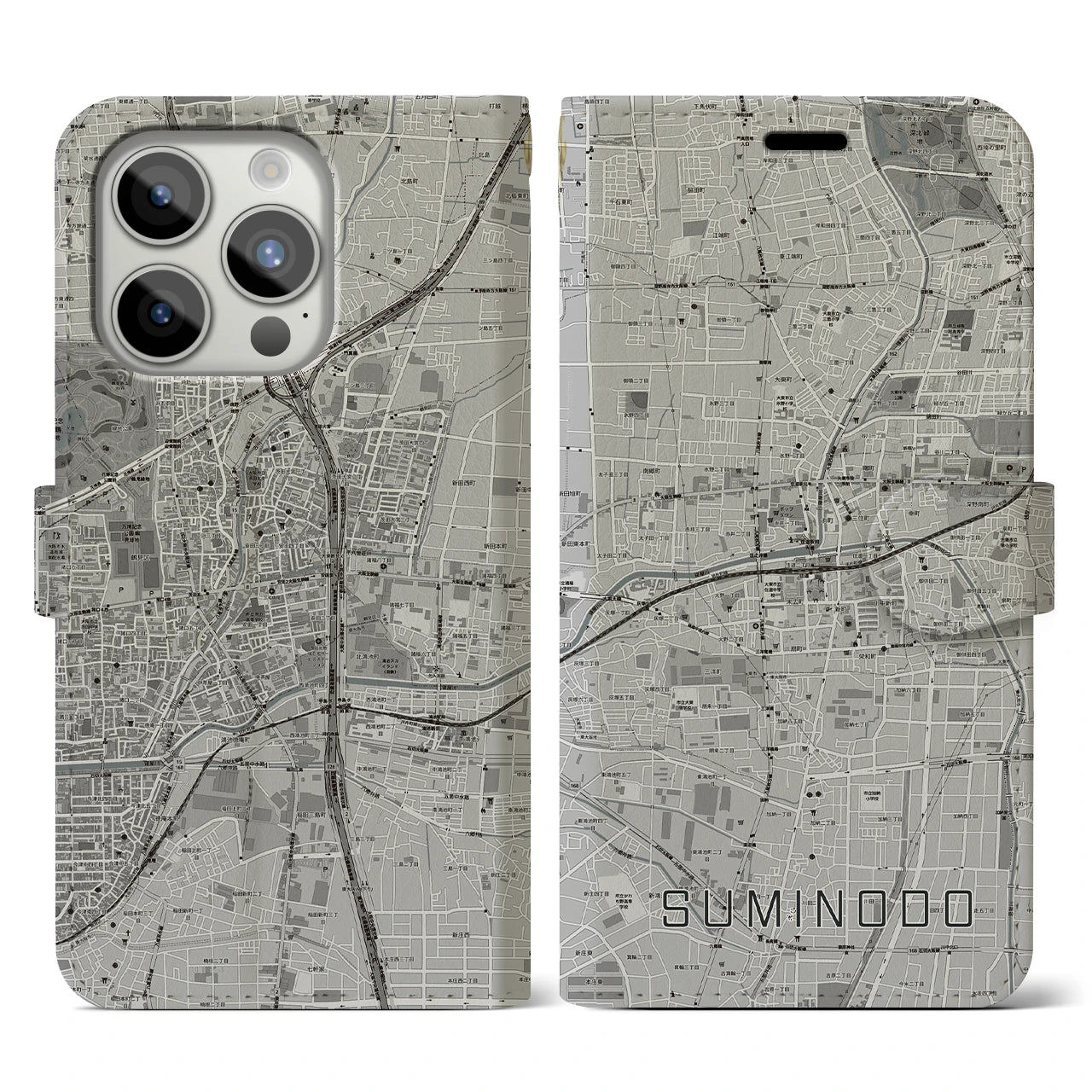 【住道(大阪府)】地図柄iPhoneケース(手帳タイプ)モノトーン・iPhone 15 Pro 用