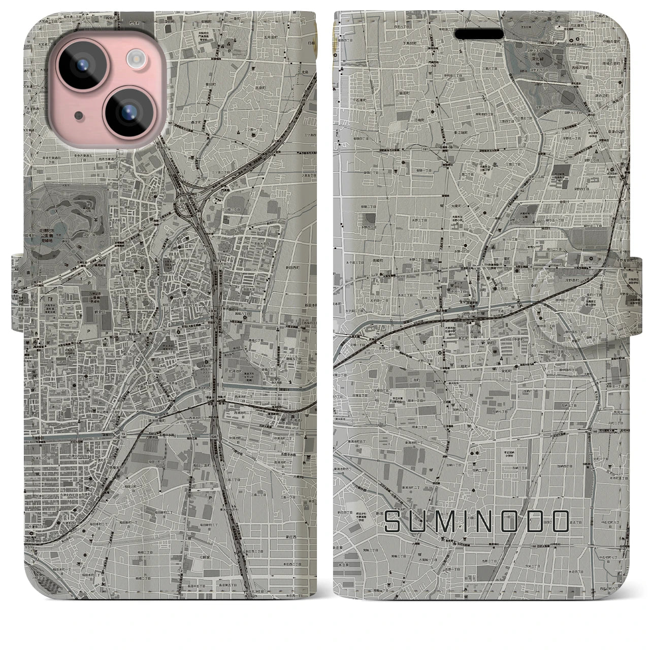 【住道(大阪府)】地図柄iPhoneケース(手帳タイプ)モノトーン・iPhone 15 Plus 用