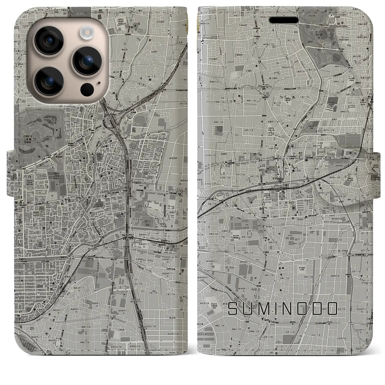 【住道(大阪府)】地図柄iPhoneケース(手帳タイプ)モノトーン・iPhone 16 Plus 用