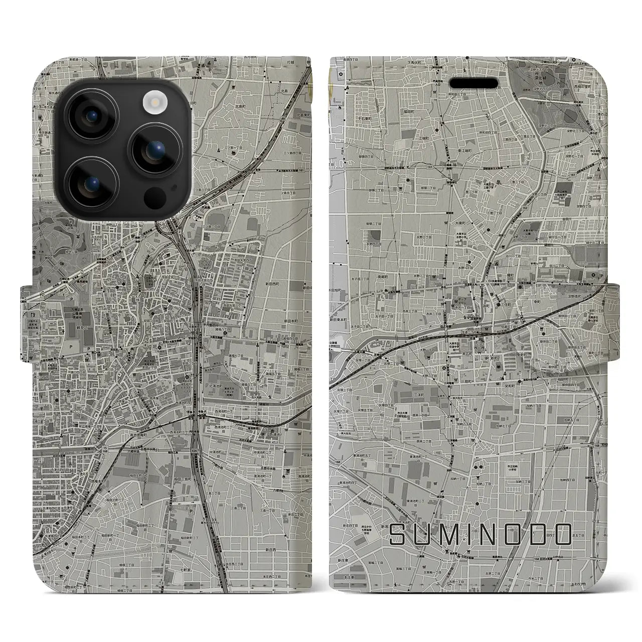 【住道(大阪府)】地図柄iPhoneケース(手帳タイプ)モノトーン・iPhone 16 用