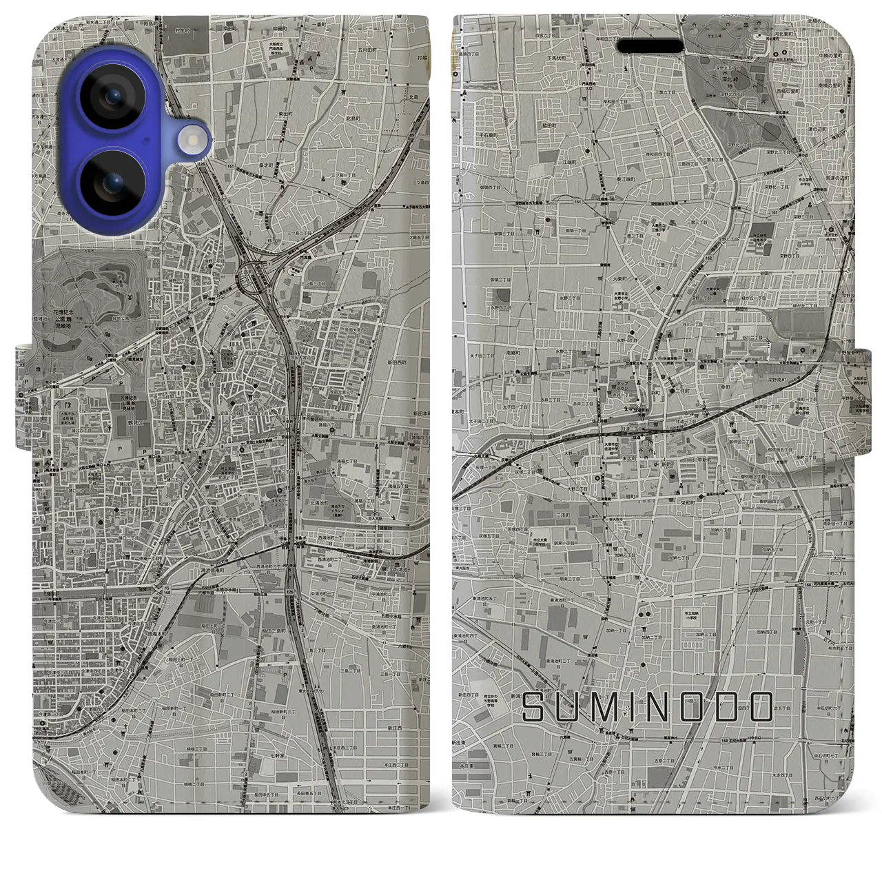 【住道(大阪府)】地図柄iPhoneケース(手帳タイプ)モノトーン・iPhone 16 Pro Max 用