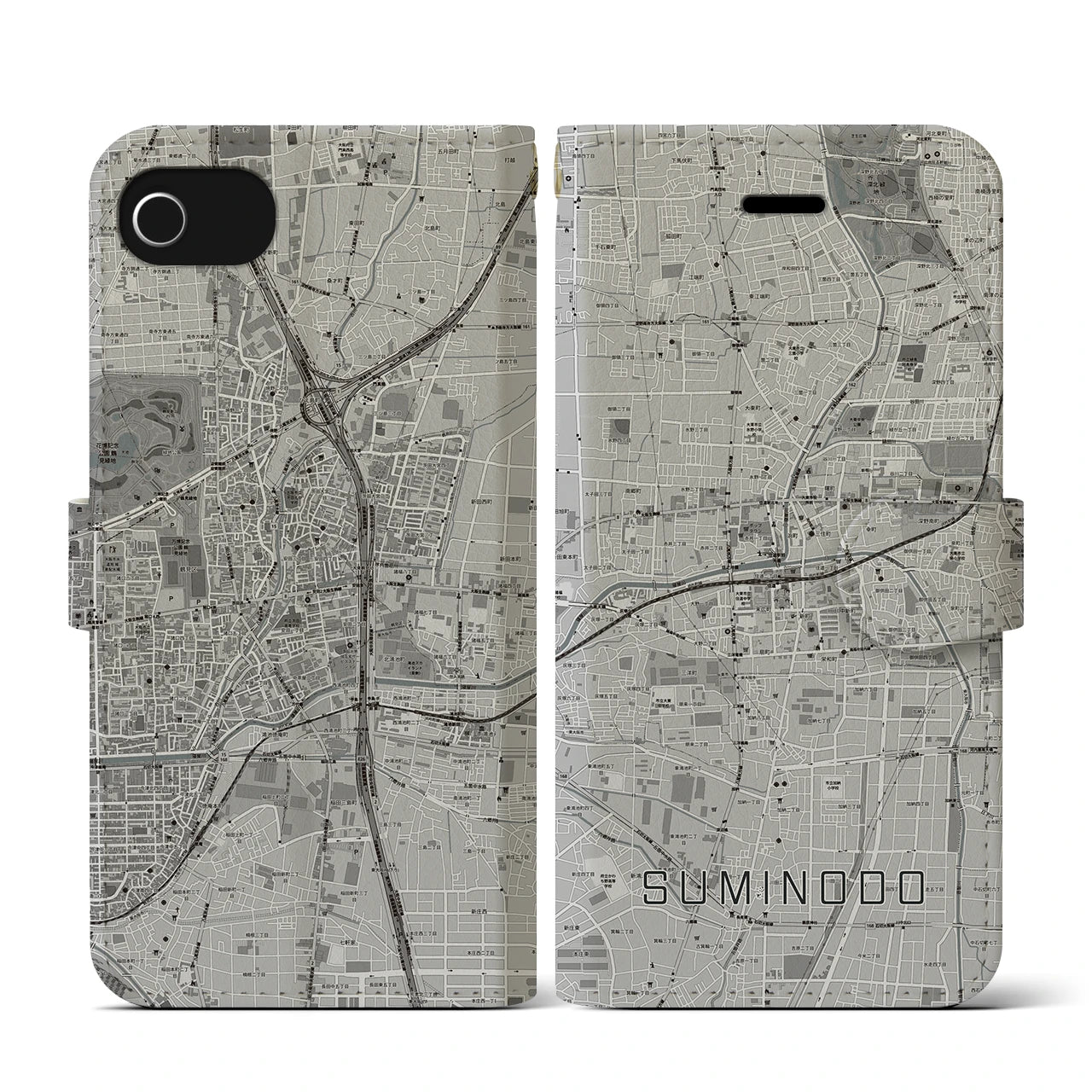 【住道(大阪府)】地図柄iPhoneケース(手帳タイプ)モノトーン・iPhone SE(第3 / 第2世代) / 8 / 7 / 6s / 6 用