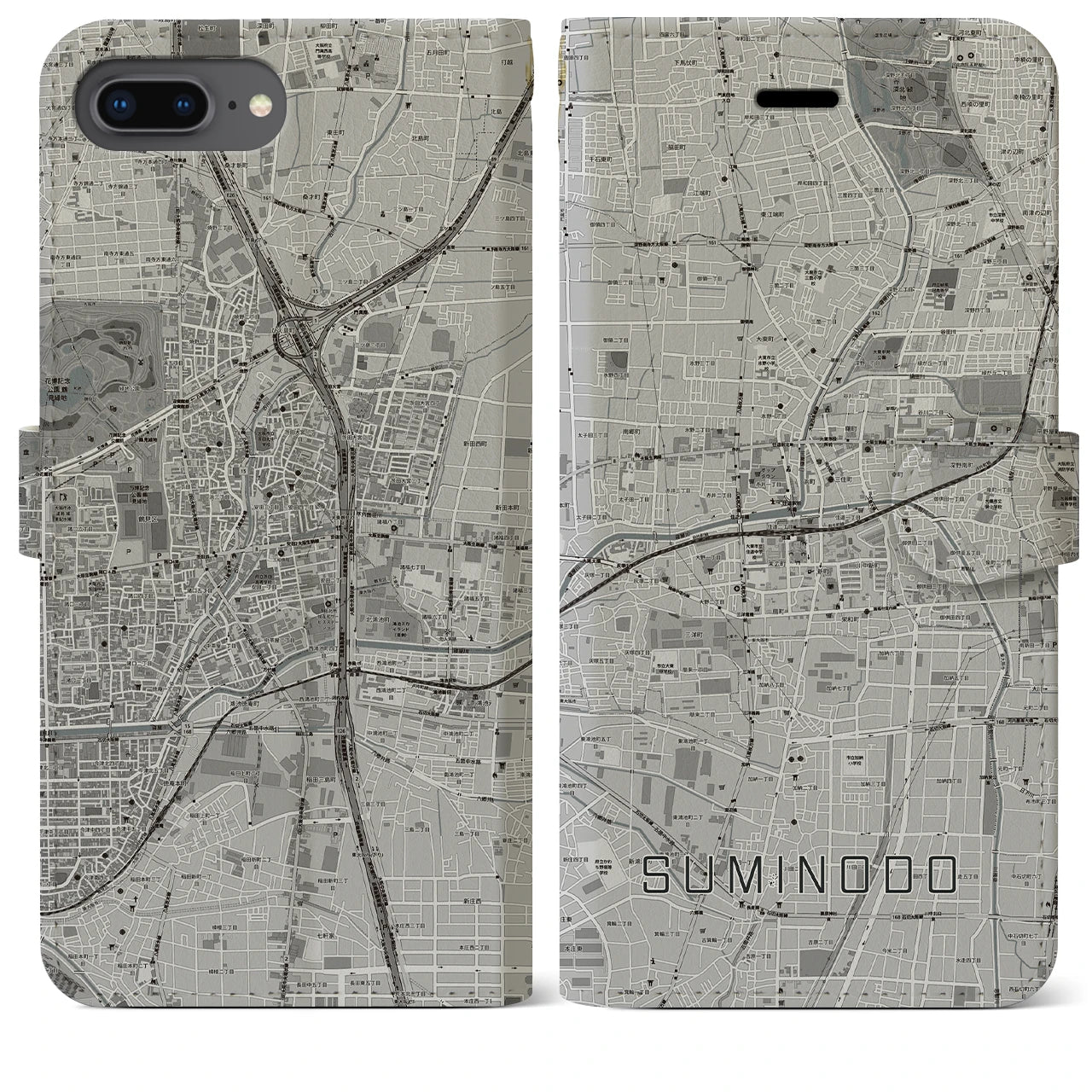 【住道(大阪府)】地図柄iPhoneケース(手帳タイプ)モノトーン・iPhone 8Plus /7Plus / 6sPlus / 6Plus 用