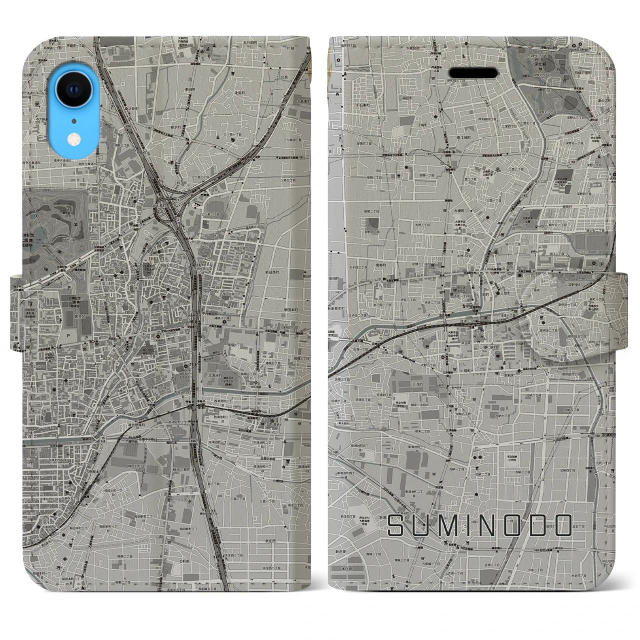 【住道(大阪府)】地図柄iPhoneケース(手帳タイプ)モノトーン・iPhone XR 用