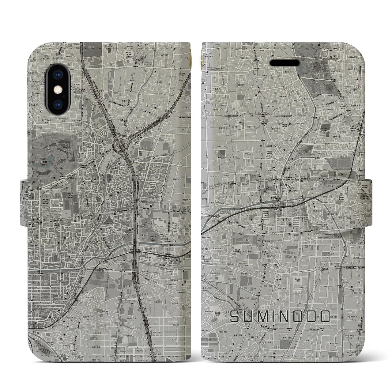 【住道(大阪府)】地図柄iPhoneケース(手帳タイプ)モノトーン・iPhone XS / X 用