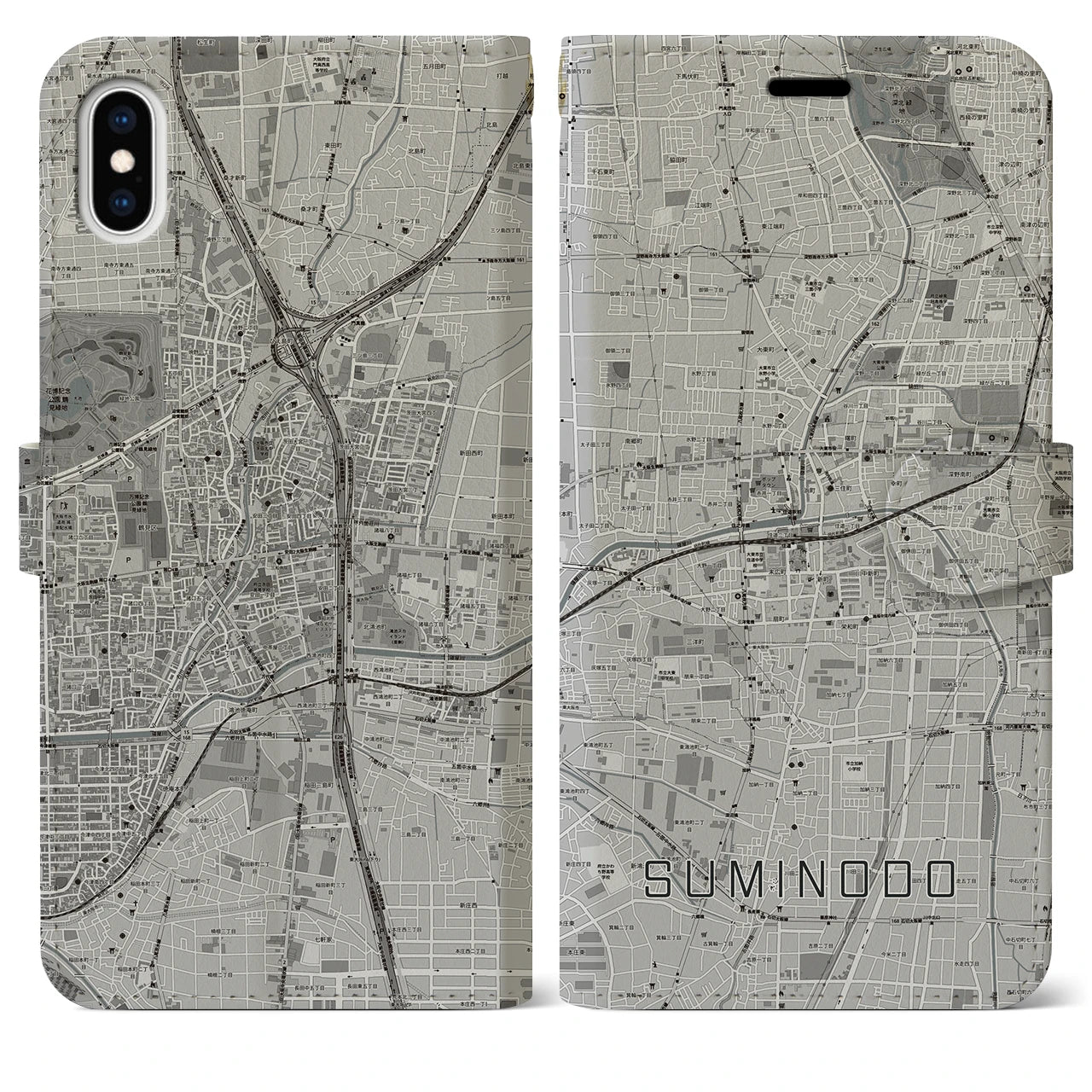 【住道(大阪府)】地図柄iPhoneケース(手帳タイプ)モノトーン・iPhone XS Max 用