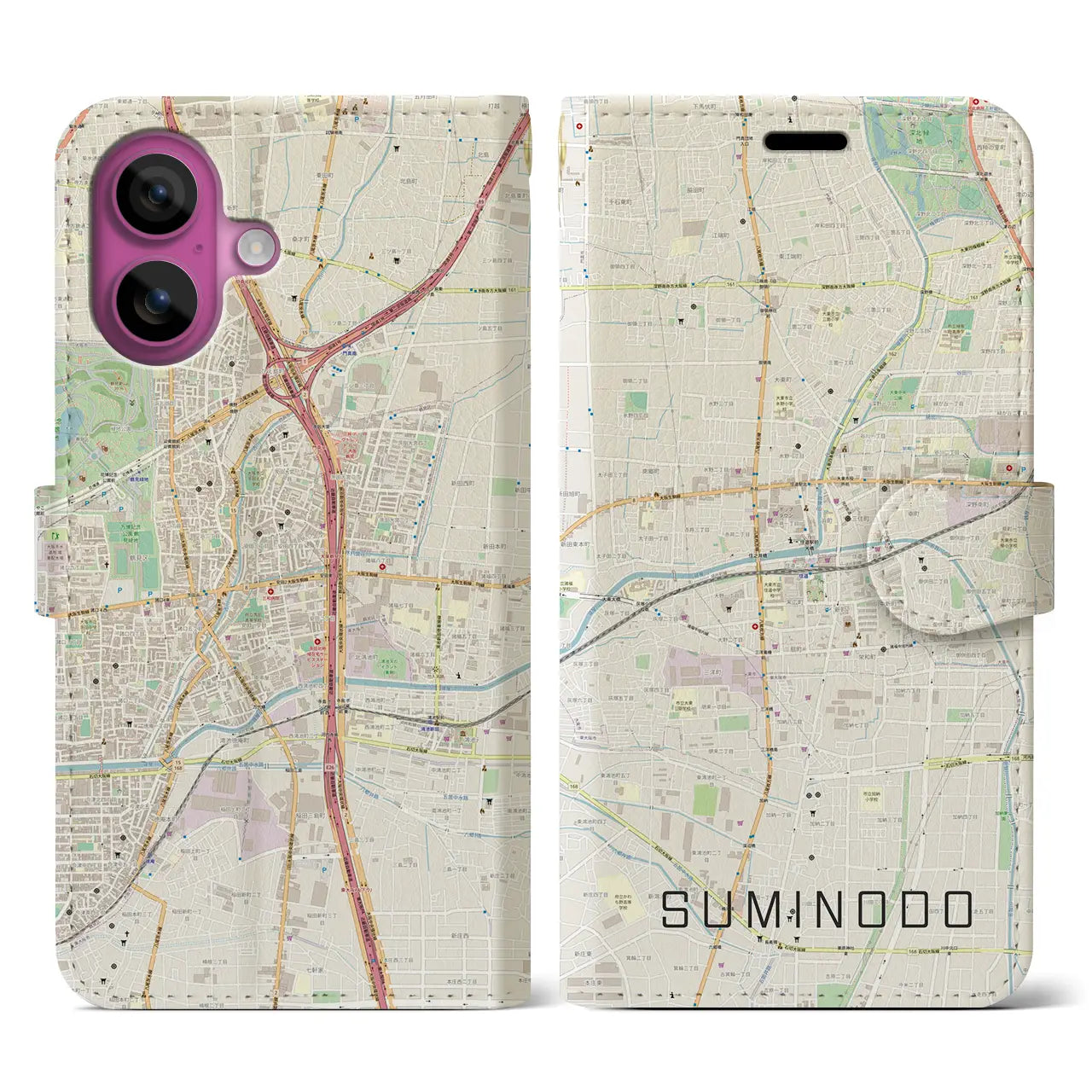 【住道(大阪府)】地図柄iPhoneケース(手帳タイプ)ナチュラル・iPhone 16 Pro 用