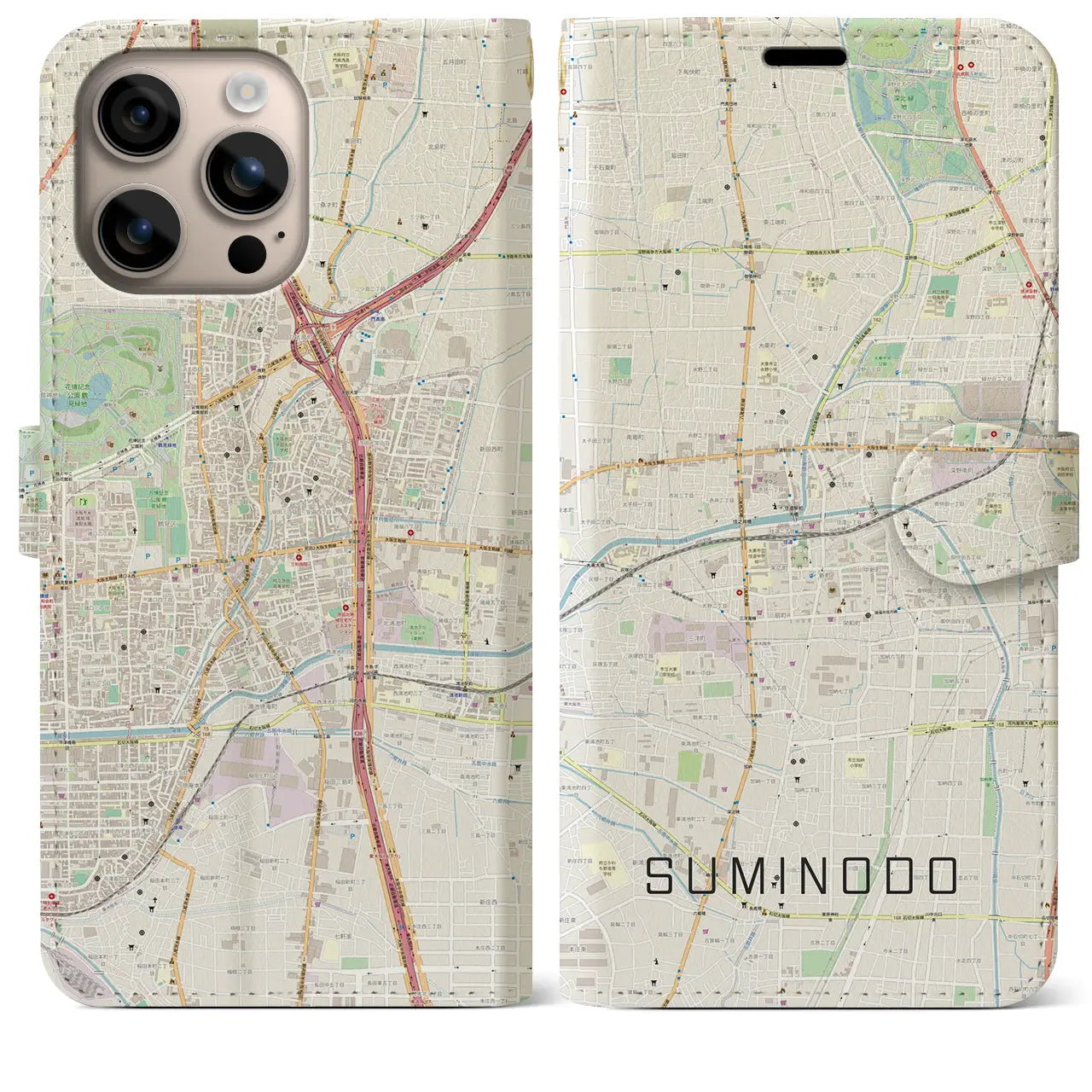 【住道(大阪府)】地図柄iPhoneケース(手帳タイプ)ナチュラル・iPhone 16 Plus 用
