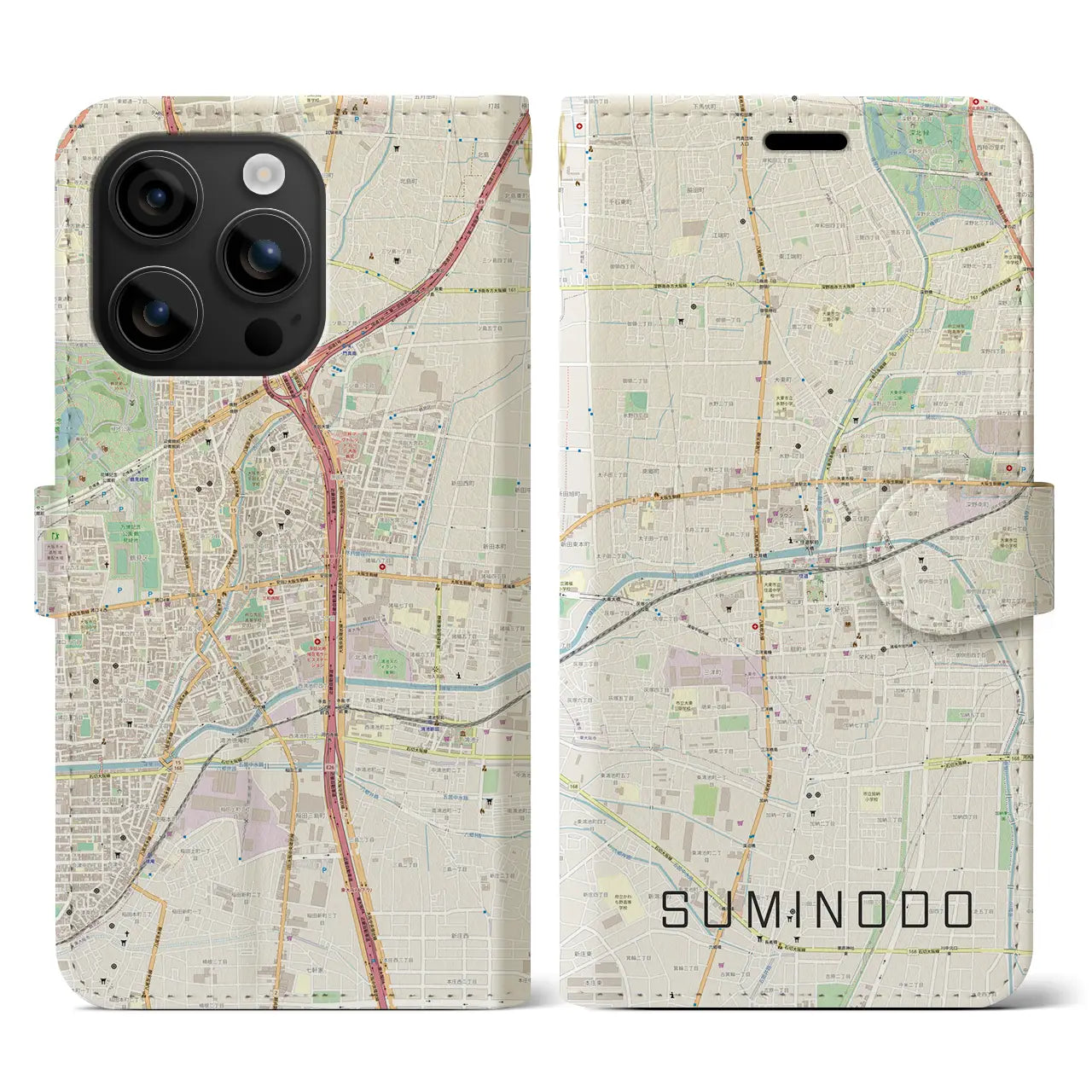 【住道(大阪府)】地図柄iPhoneケース(手帳タイプ)ナチュラル・iPhone 16 用