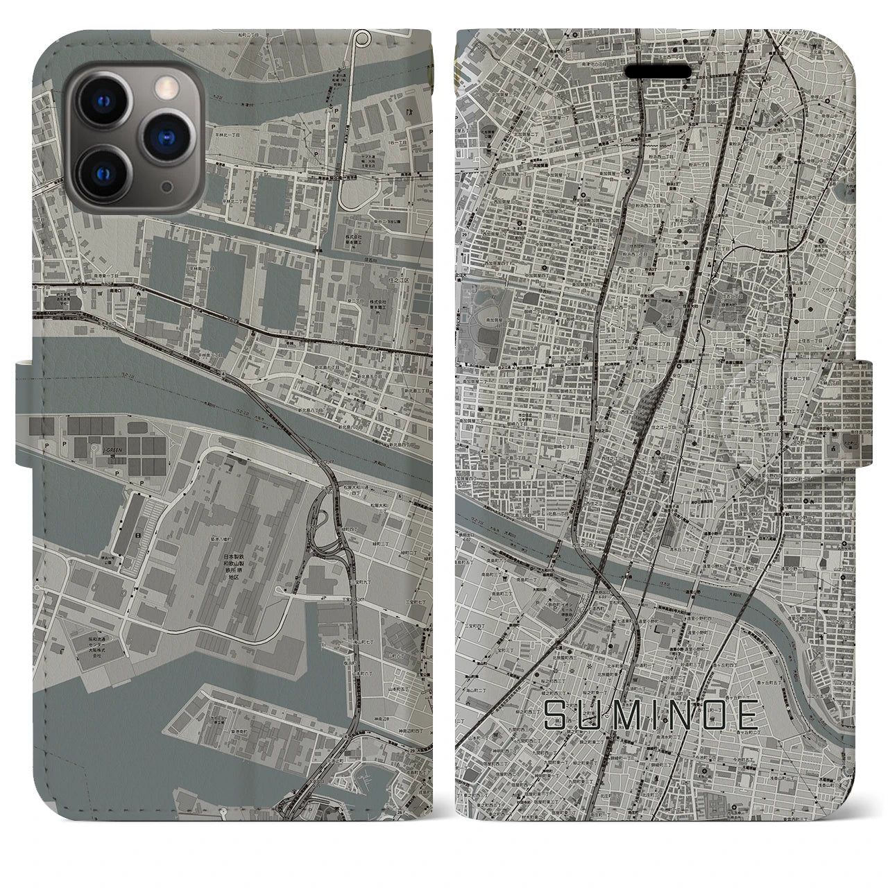 【住之江(大阪府)】地図柄iPhoneケース(手帳タイプ)モノトーン・iPhone 11 Pro Max 用