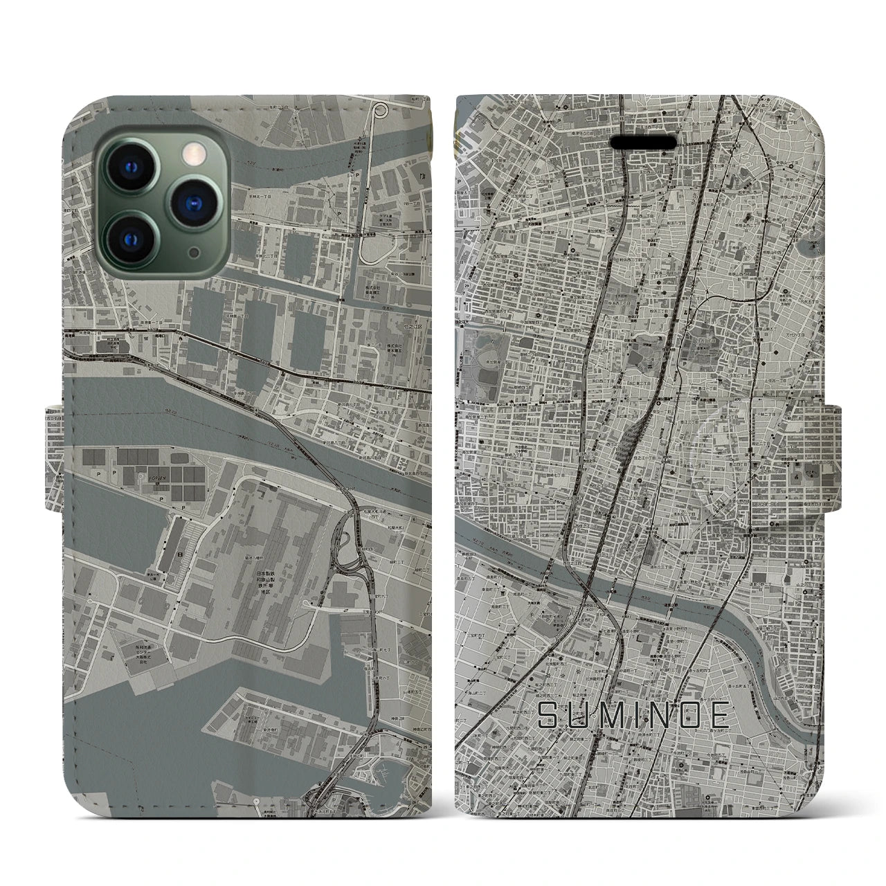 【住之江(大阪府)】地図柄iPhoneケース(手帳タイプ)モノトーン・iPhone 11 Pro 用