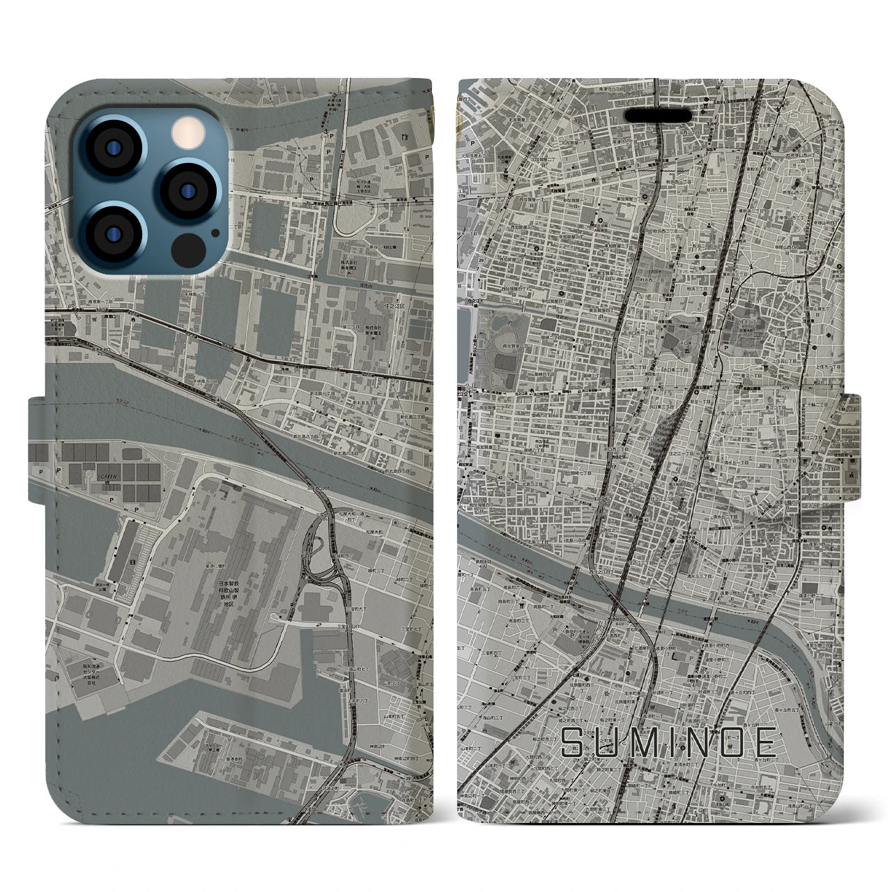【住之江(大阪府)】地図柄iPhoneケース(手帳タイプ)モノトーン・iPhone 12 / 12 Pro 用