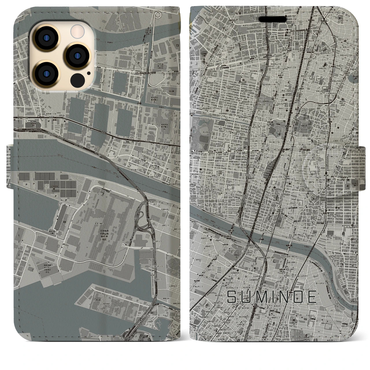 【住之江(大阪府)】地図柄iPhoneケース(手帳タイプ)モノトーン・iPhone 12 Pro Max 用