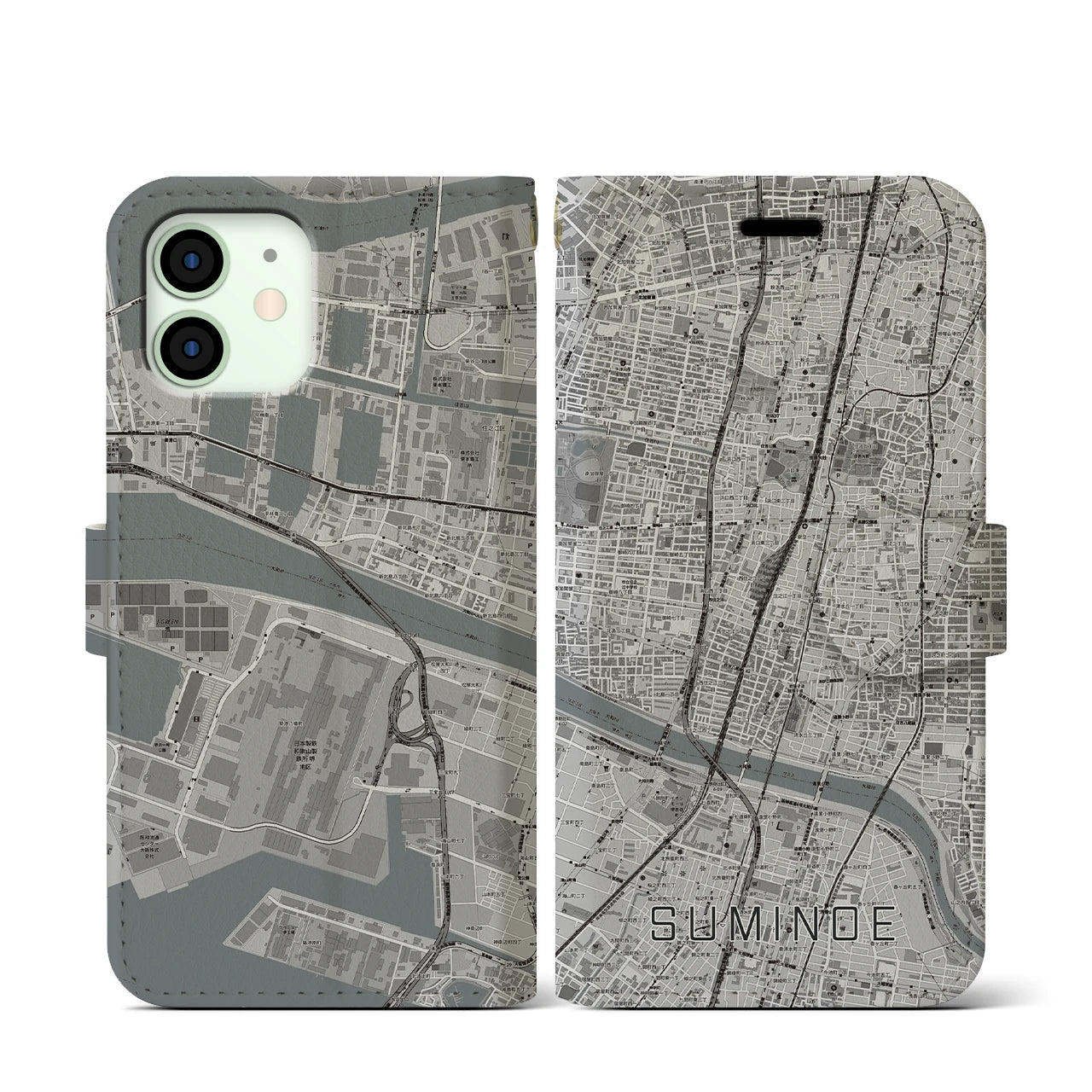【住之江(大阪府)】地図柄iPhoneケース(手帳タイプ)モノトーン・iPhone 12 mini 用