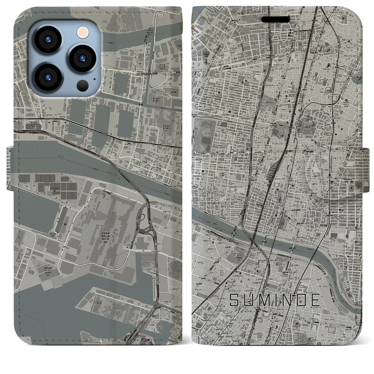 【住之江(大阪府)】地図柄iPhoneケース(手帳タイプ)モノトーン・iPhone 13 Pro Max 用