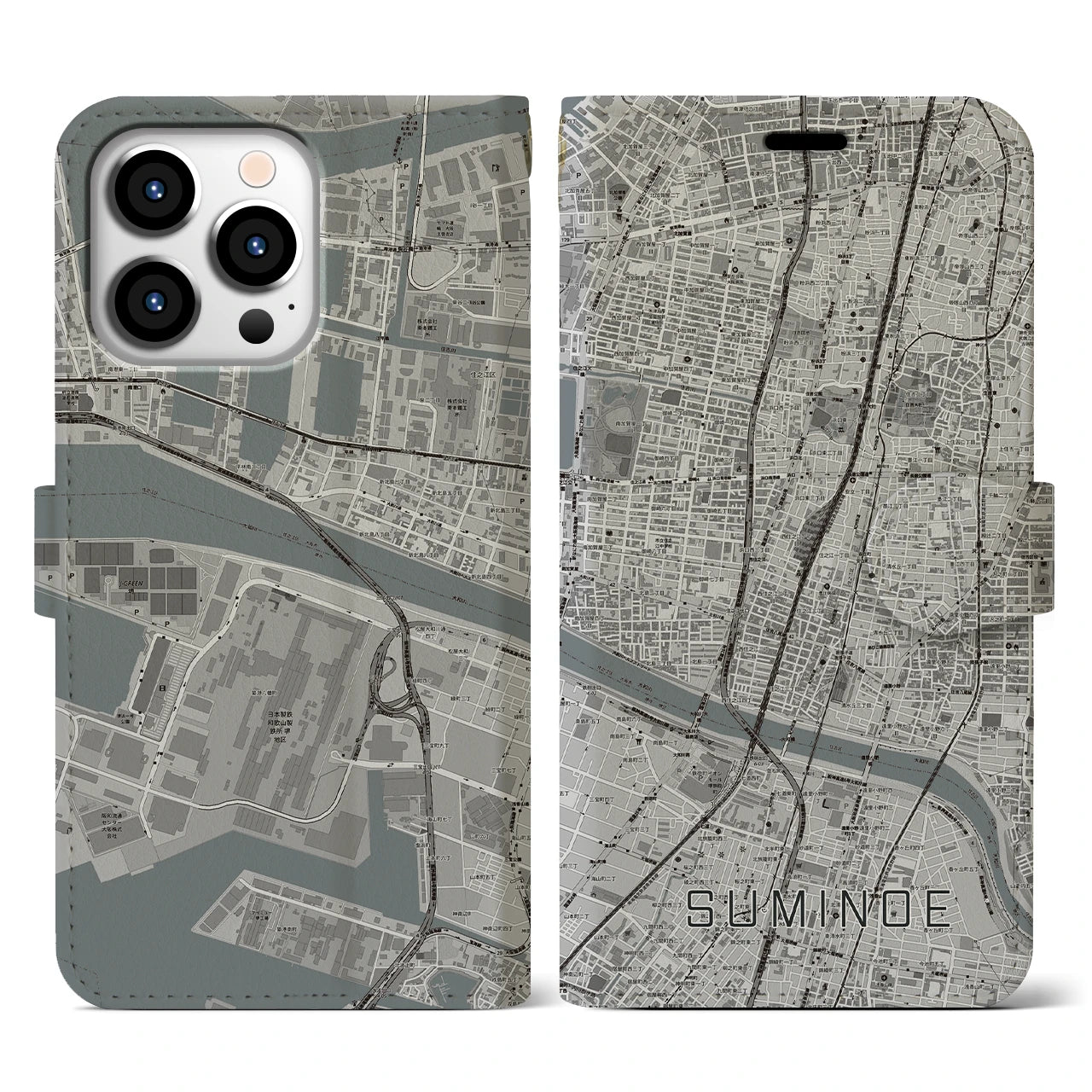 【住之江(大阪府)】地図柄iPhoneケース(手帳タイプ)モノトーン・iPhone 13 Pro 用