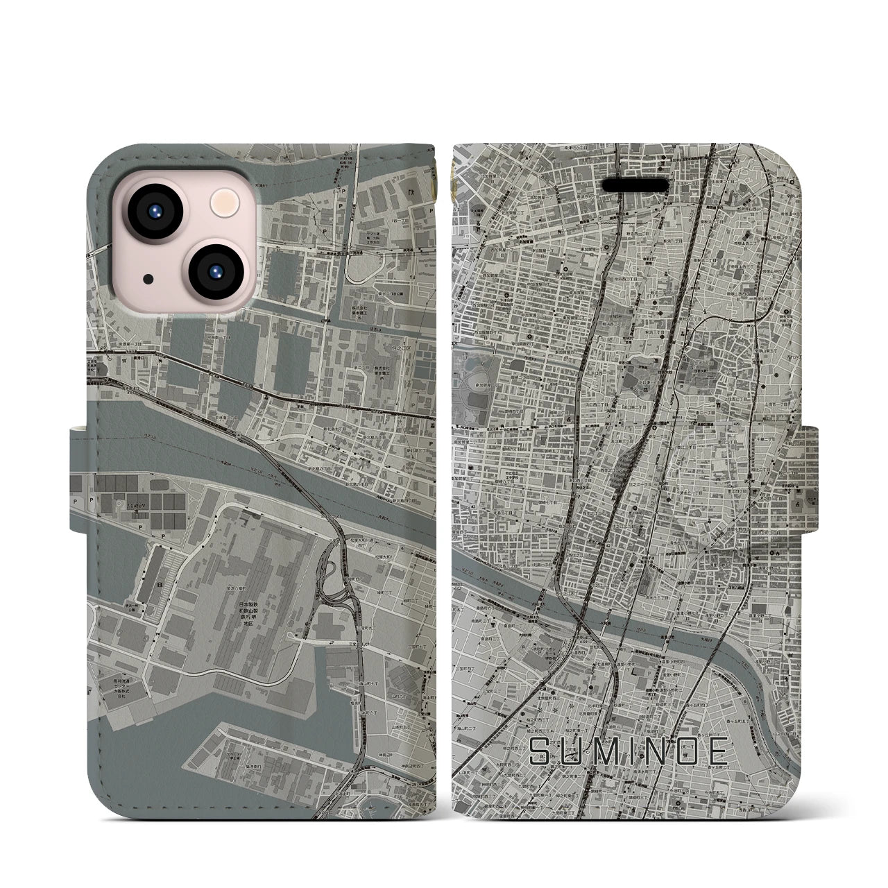 【住之江(大阪府)】地図柄iPhoneケース(手帳タイプ)モノトーン・iPhone 13 mini 用