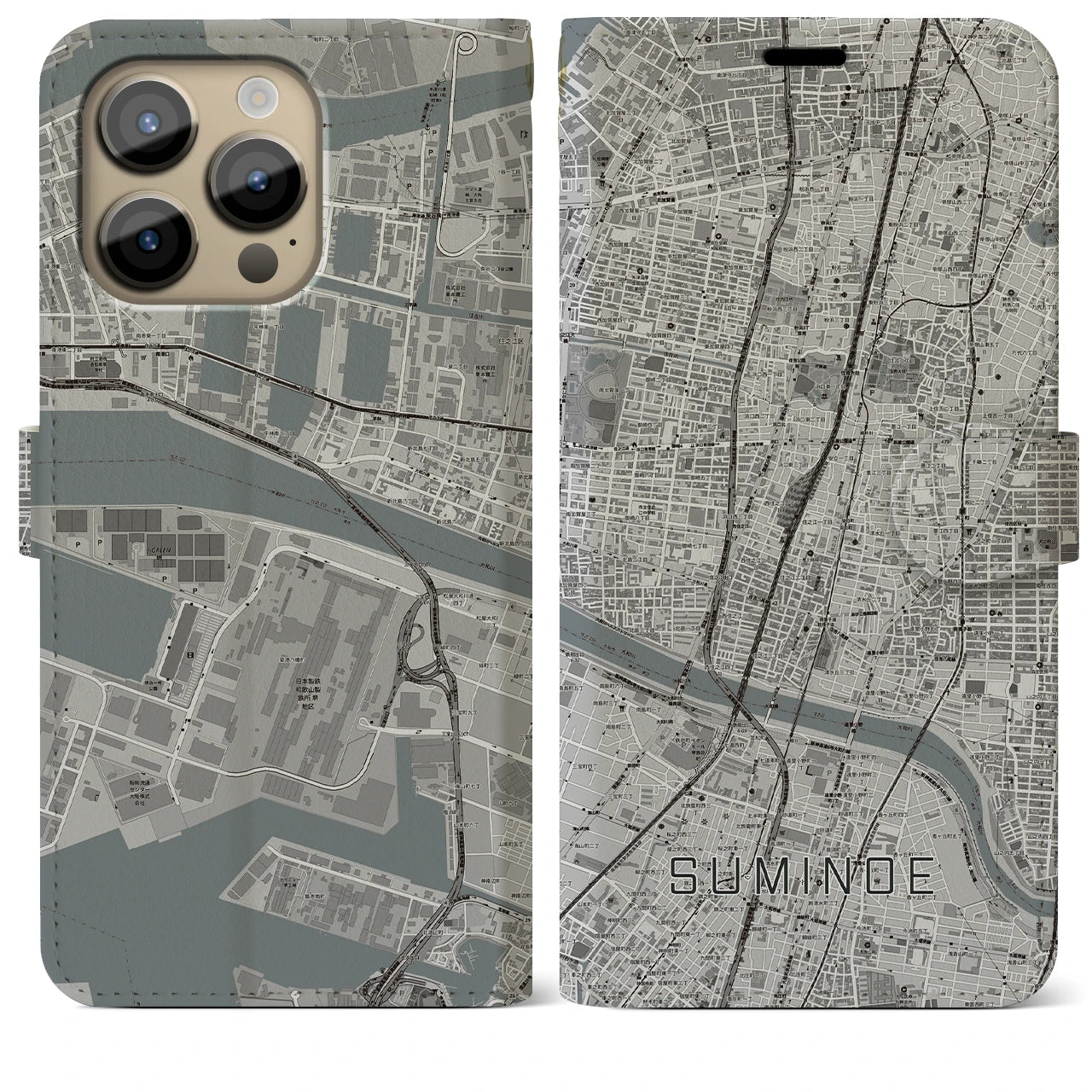 【住之江(大阪府)】地図柄iPhoneケース(手帳タイプ)モノトーン・iPhone 14 Pro Max 用