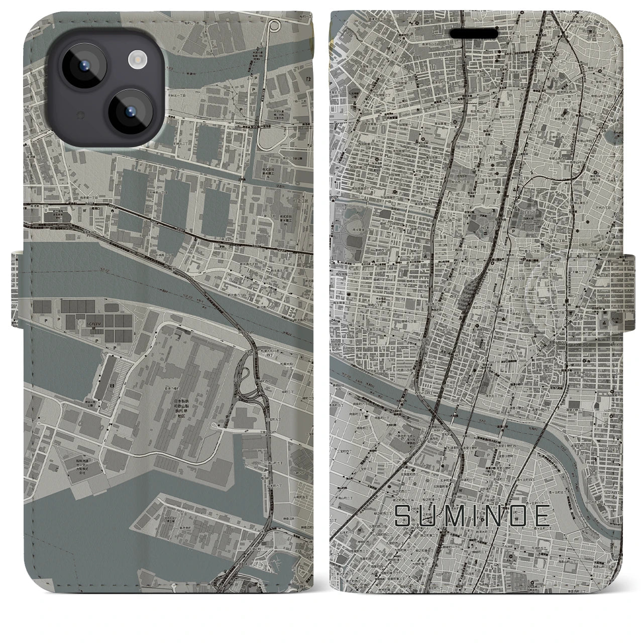 【住之江(大阪府)】地図柄iPhoneケース(手帳タイプ)モノトーン・iPhone 14 Plus 用