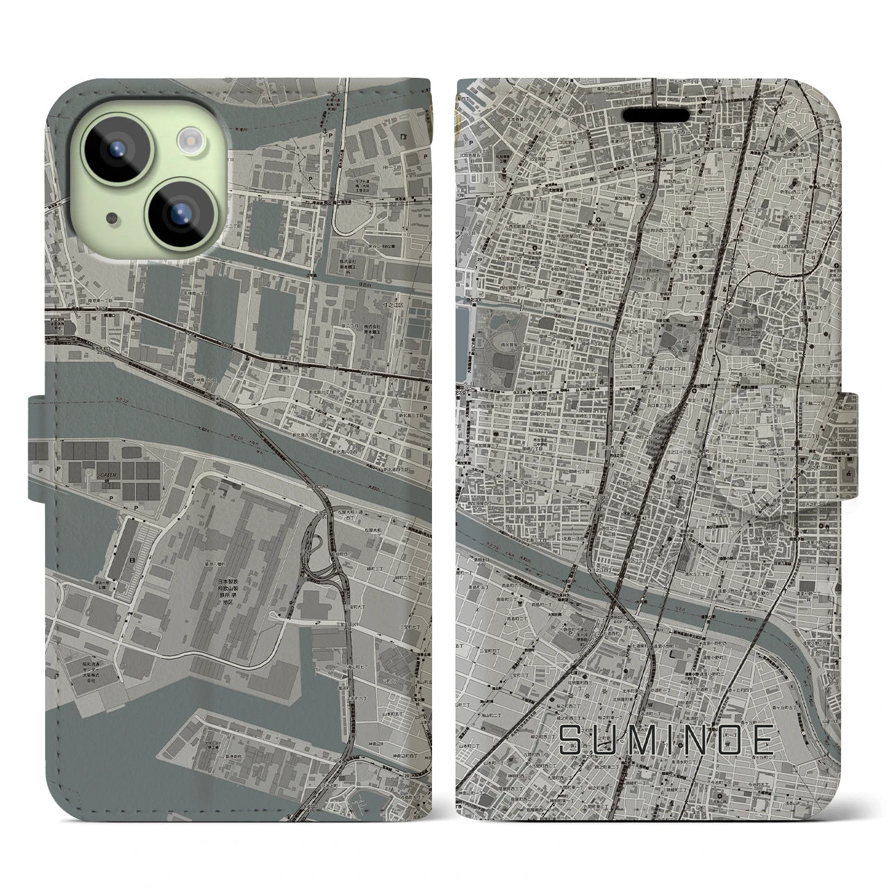 【住之江(大阪府)】地図柄iPhoneケース(手帳タイプ)モノトーン・iPhone 15 用