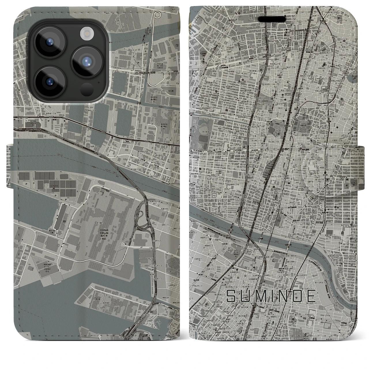 【住之江(大阪府)】地図柄iPhoneケース(手帳タイプ)モノトーン・iPhone 15 Pro Max 用