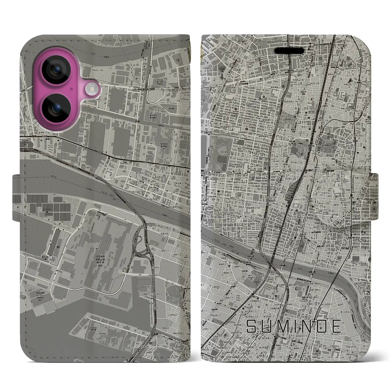 【住之江(大阪府)】地図柄iPhoneケース(手帳タイプ)モノトーン・iPhone 16 Pro 用