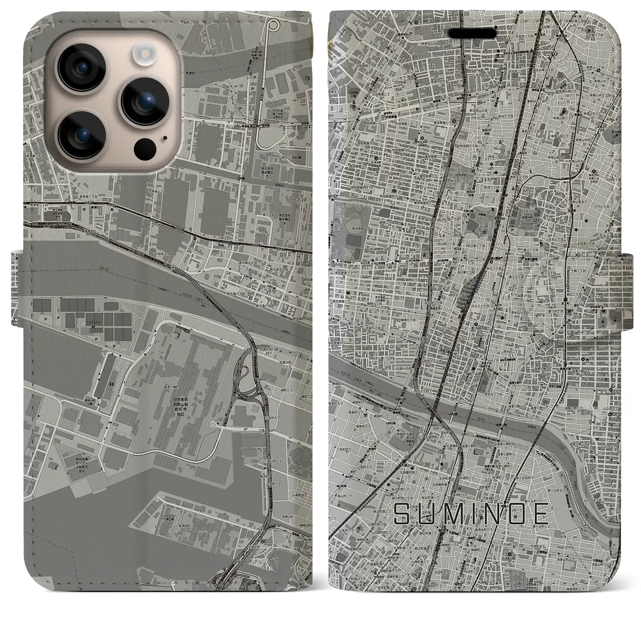 【住之江(大阪府)】地図柄iPhoneケース(手帳タイプ)モノトーン・iPhone 16 Plus 用