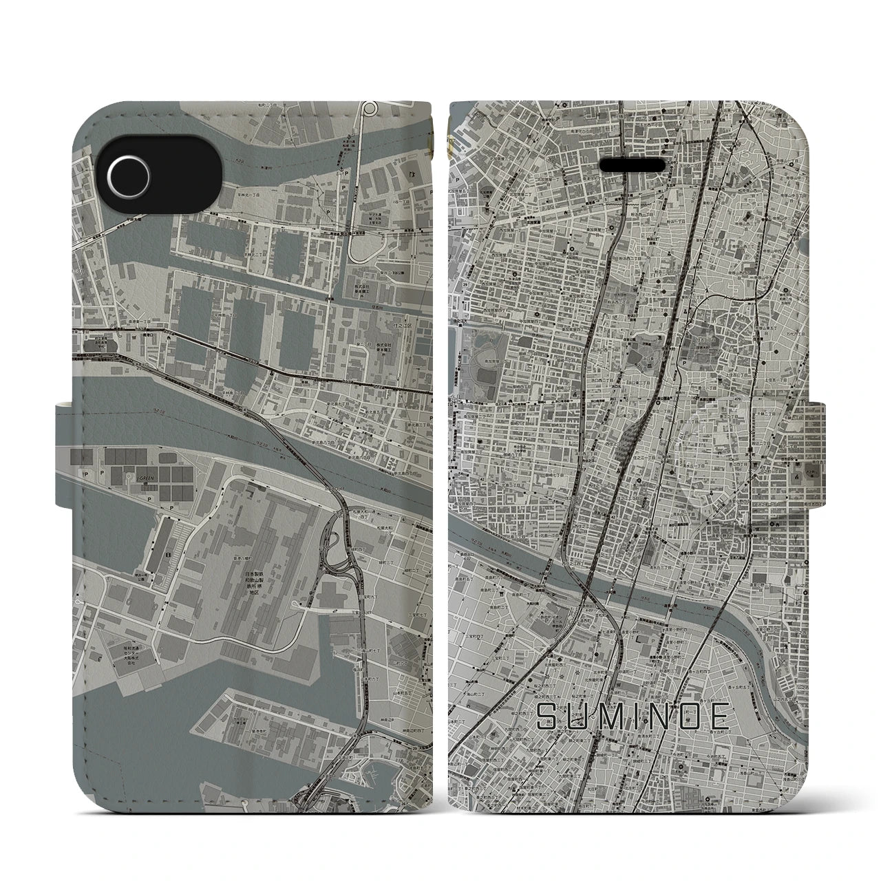 【住之江(大阪府)】地図柄iPhoneケース(手帳タイプ)モノトーン・iPhone SE(第3 / 第2世代) / 8 / 7 / 6s / 6 用