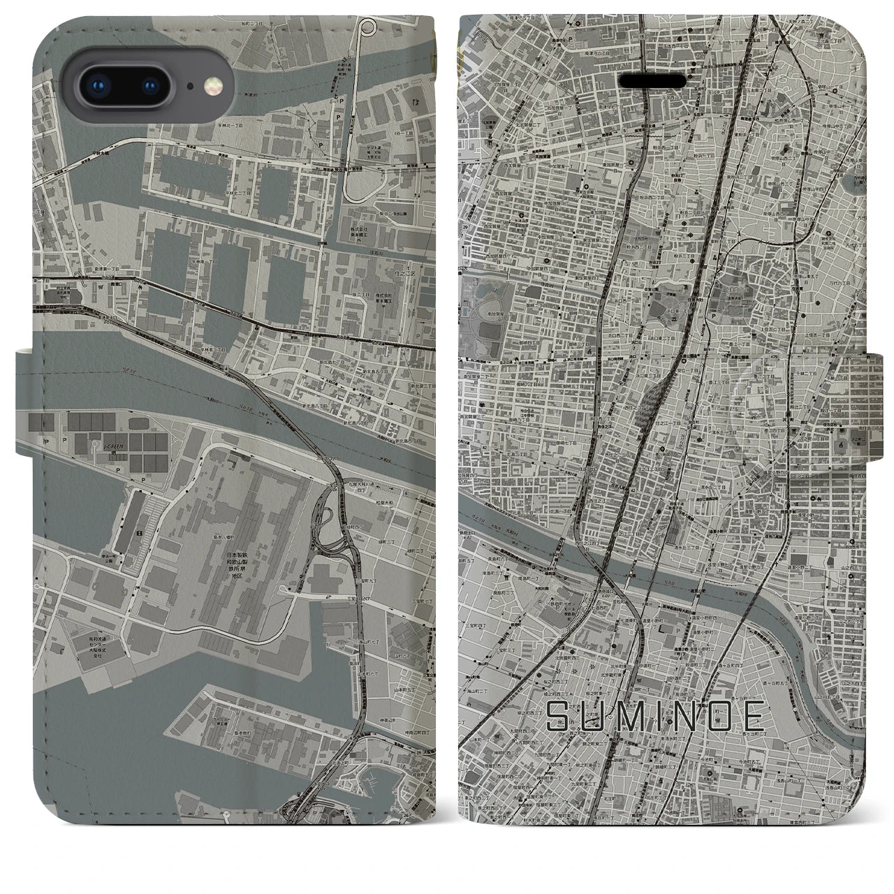 【住之江(大阪府)】地図柄iPhoneケース(手帳タイプ)モノトーン・iPhone 8Plus /7Plus / 6sPlus / 6Plus 用