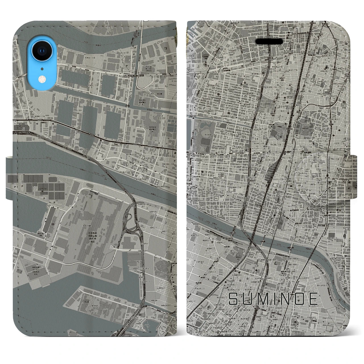 【住之江(大阪府)】地図柄iPhoneケース(手帳タイプ)モノトーン・iPhone XR 用