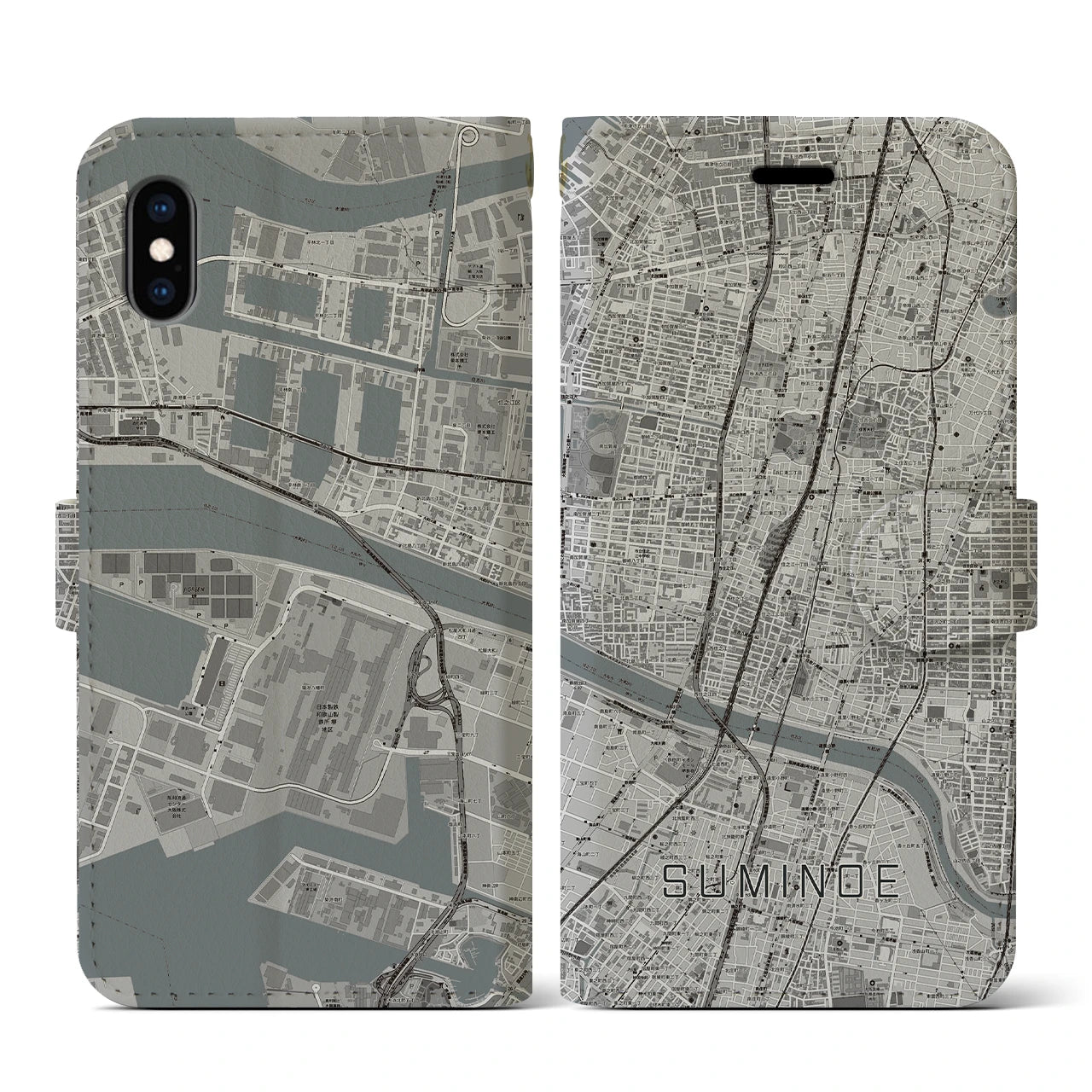 【住之江(大阪府)】地図柄iPhoneケース(手帳タイプ)モノトーン・iPhone XS / X 用
