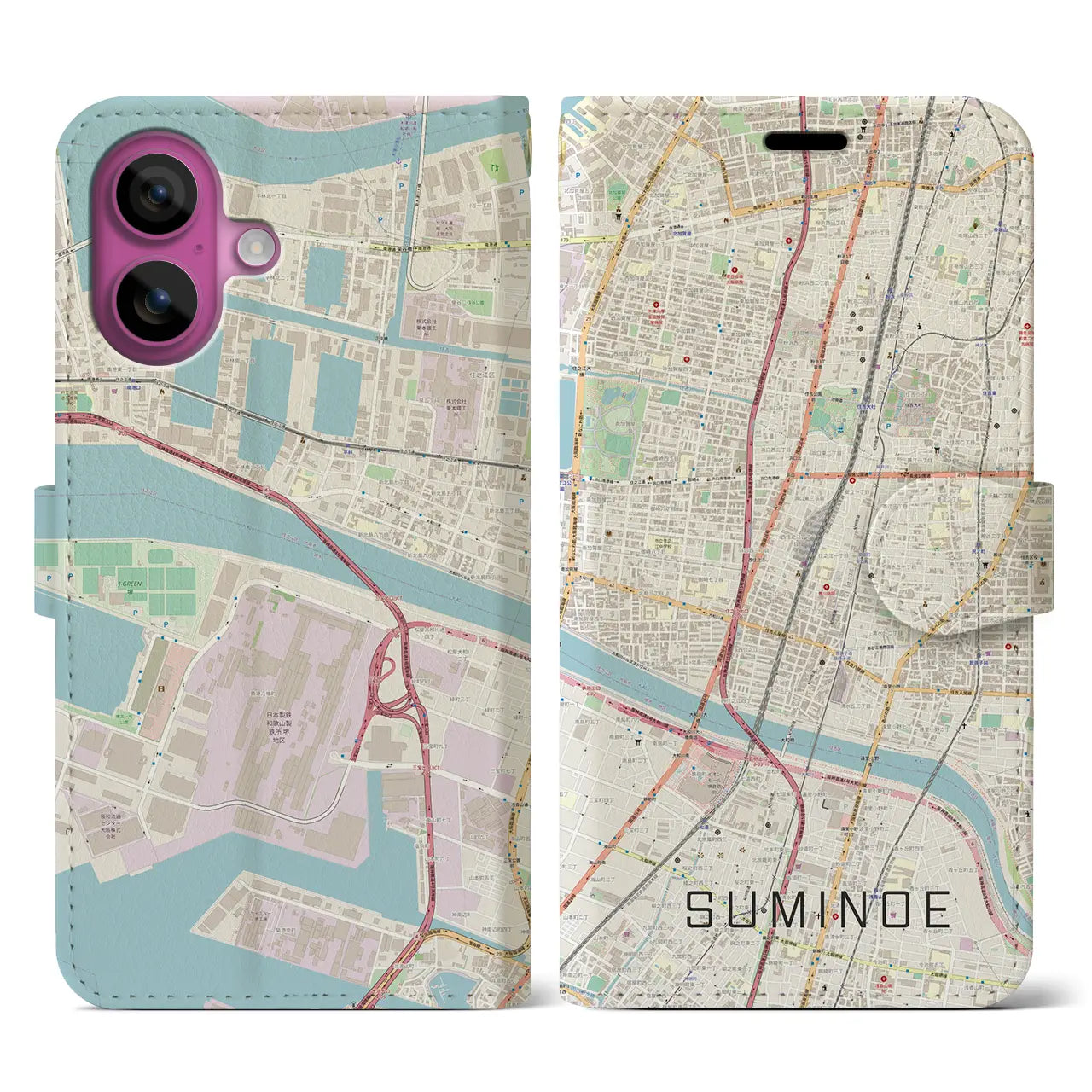 【住之江(大阪府)】地図柄iPhoneケース(手帳タイプ)ナチュラル・iPhone 16 Pro 用