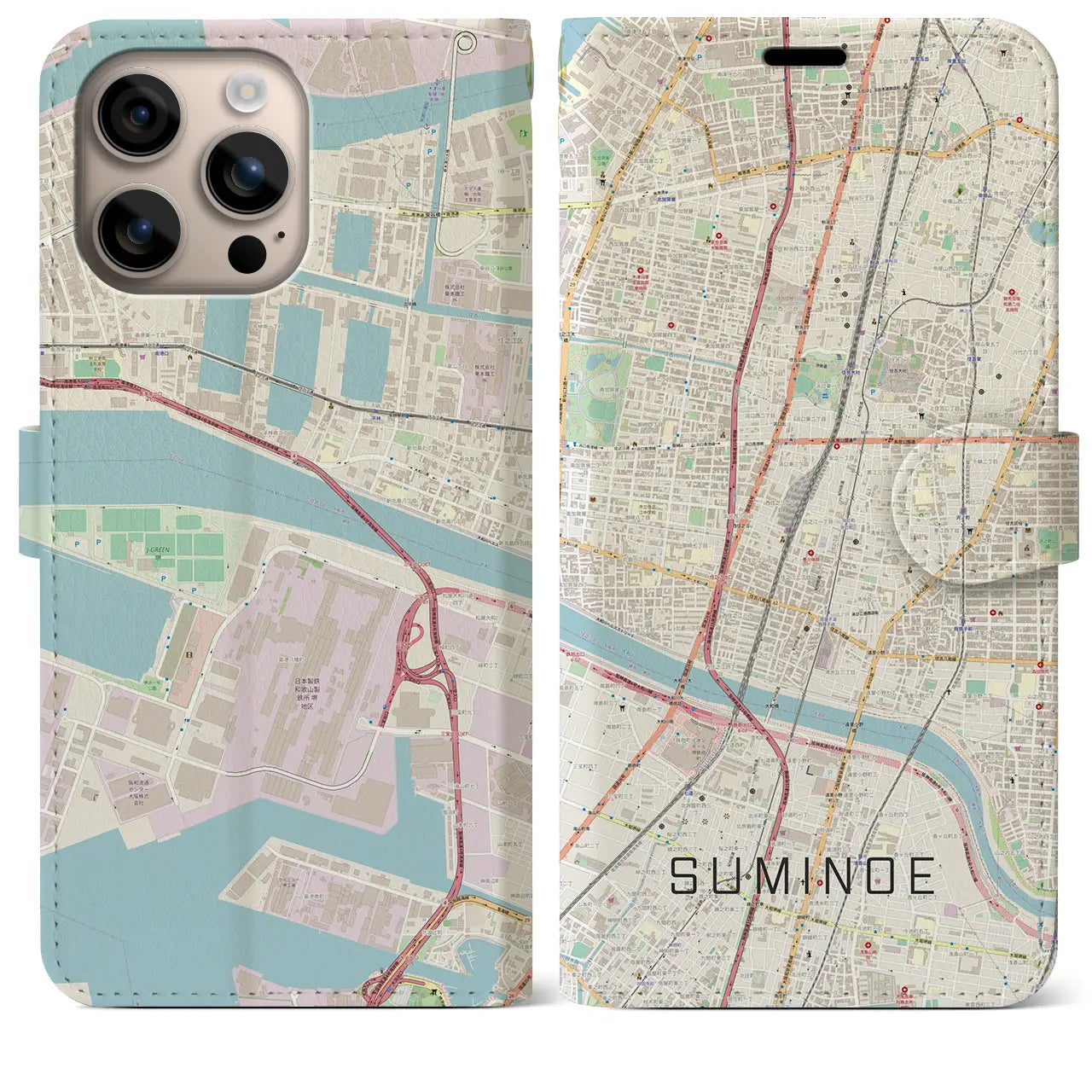 【住之江(大阪府)】地図柄iPhoneケース(手帳タイプ)ナチュラル・iPhone 16 Plus 用