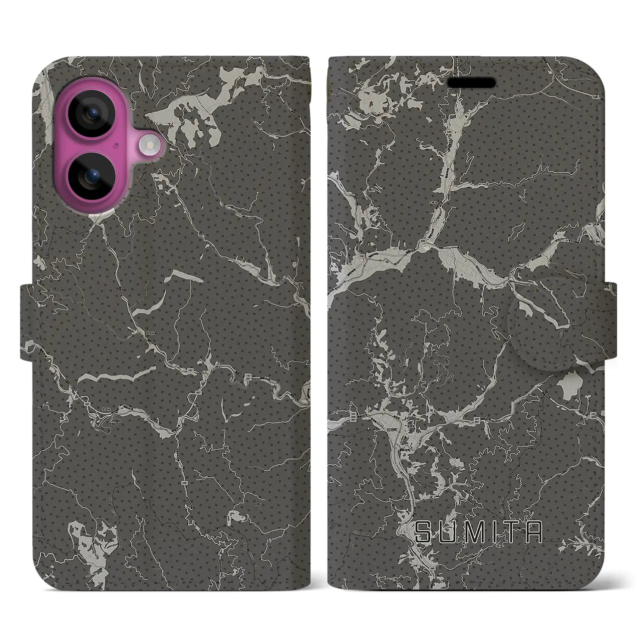 【住田(岩手県)】地図柄iPhoneケース(手帳タイプ)モノトーン・iPhone 16 Pro 用