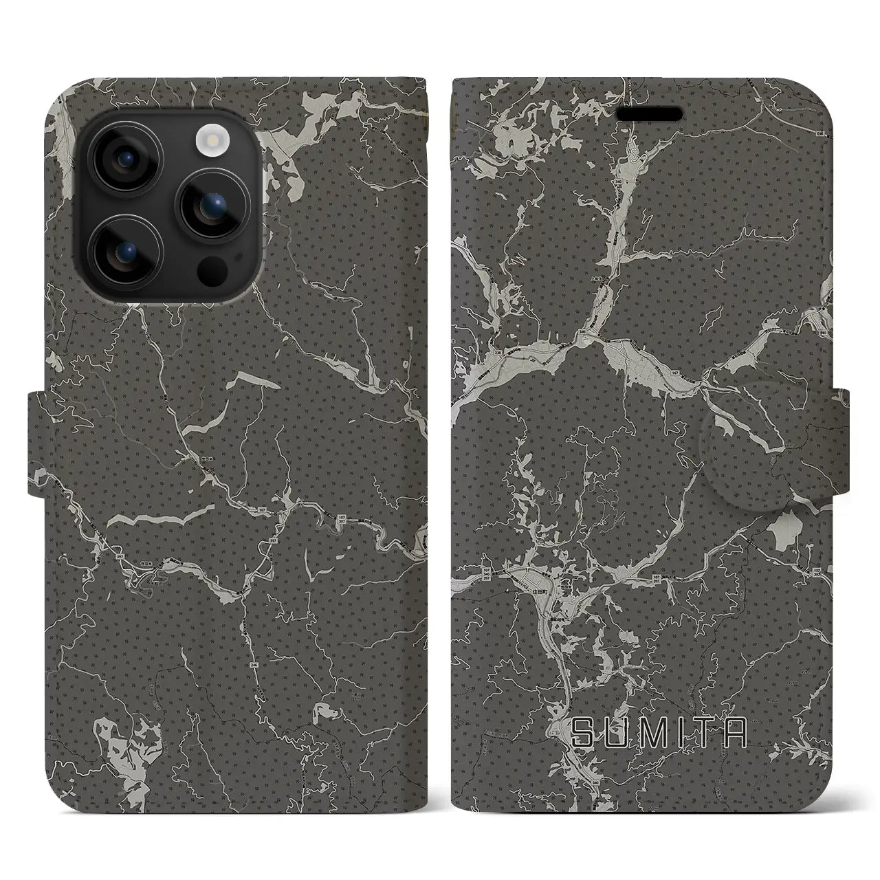 【住田(岩手県)】地図柄iPhoneケース(手帳タイプ)モノトーン・iPhone 16 用