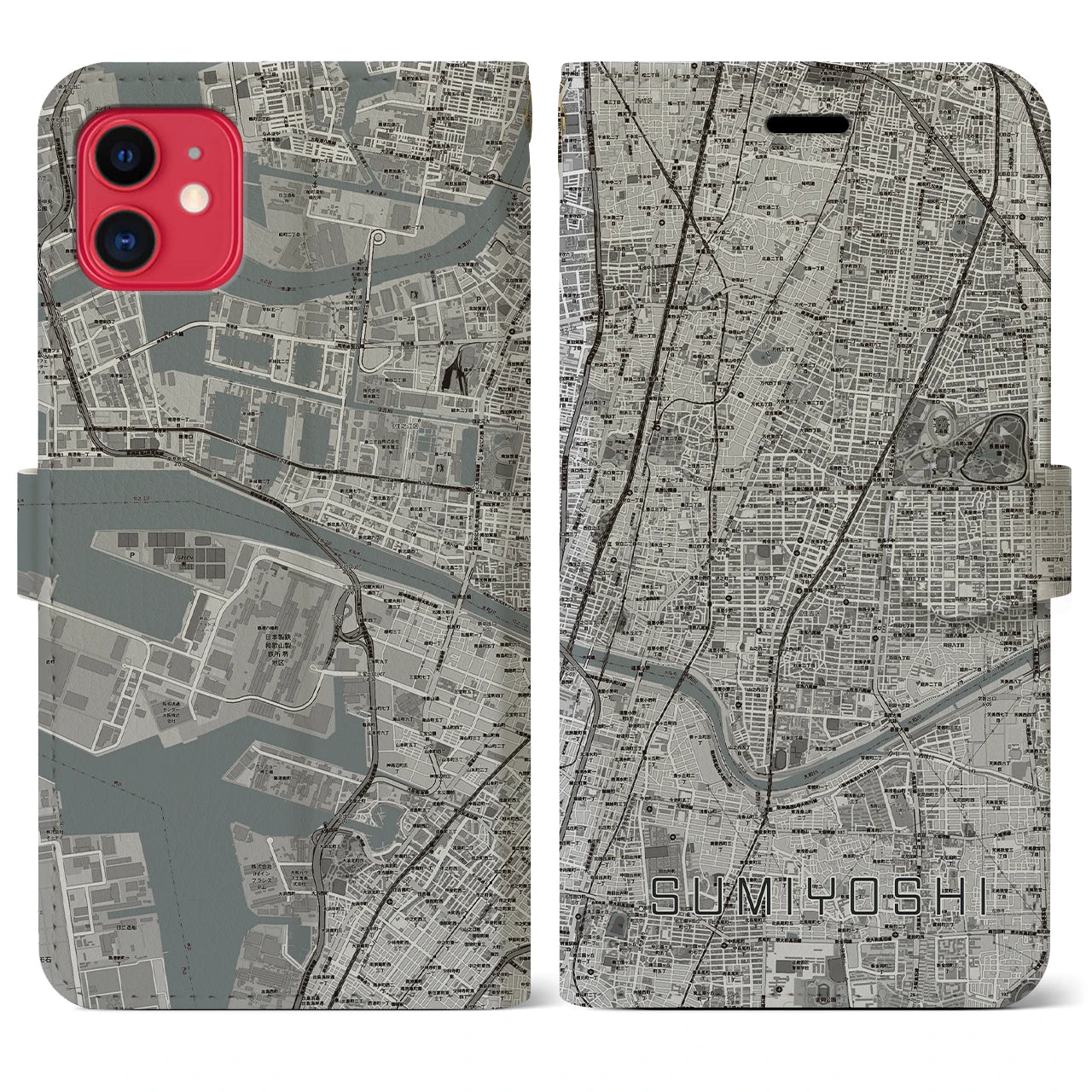 【住吉(大阪府)】地図柄iPhoneケース(手帳タイプ)モノトーン・iPhone 11 用