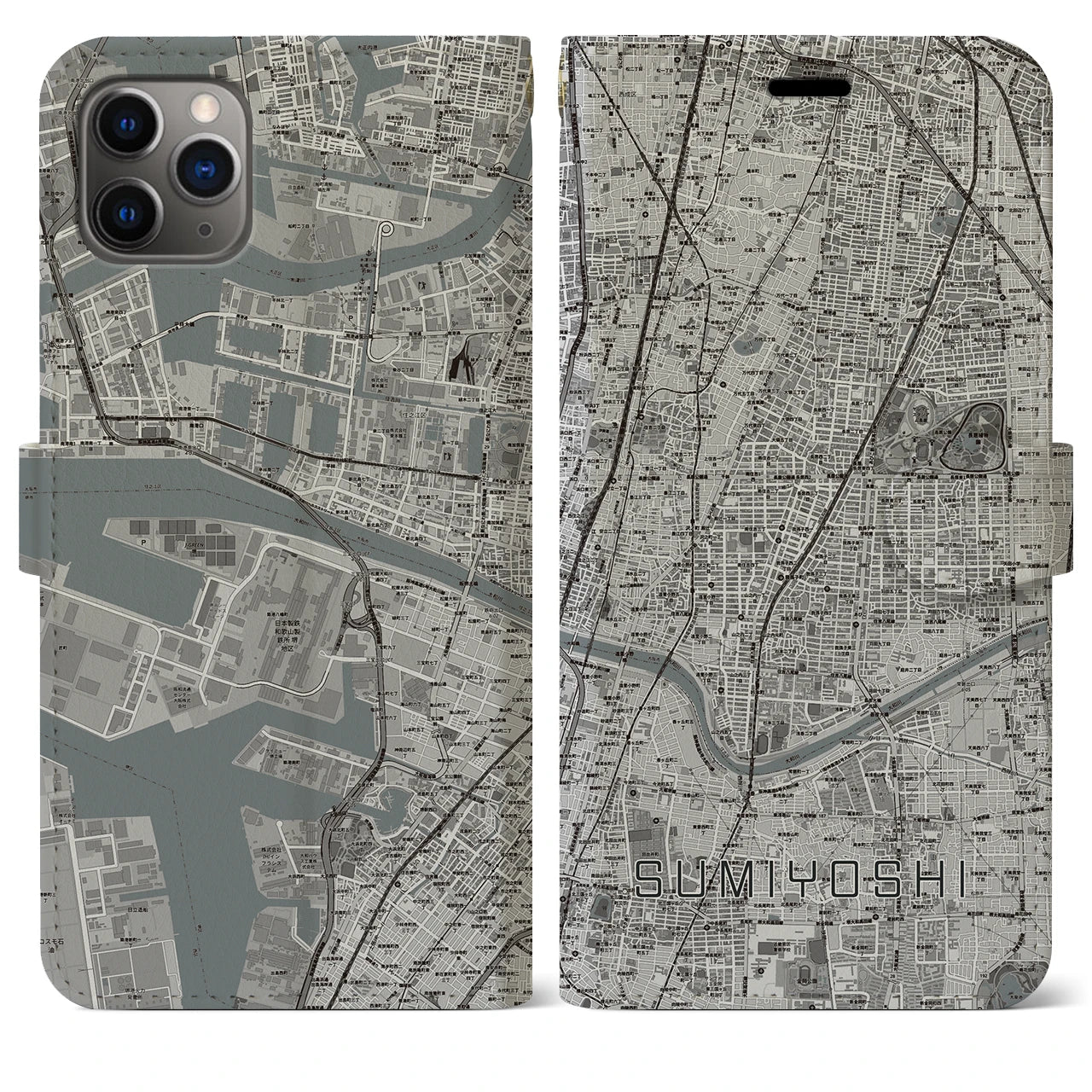 【住吉(大阪府)】地図柄iPhoneケース(手帳タイプ)モノトーン・iPhone 11 Pro Max 用