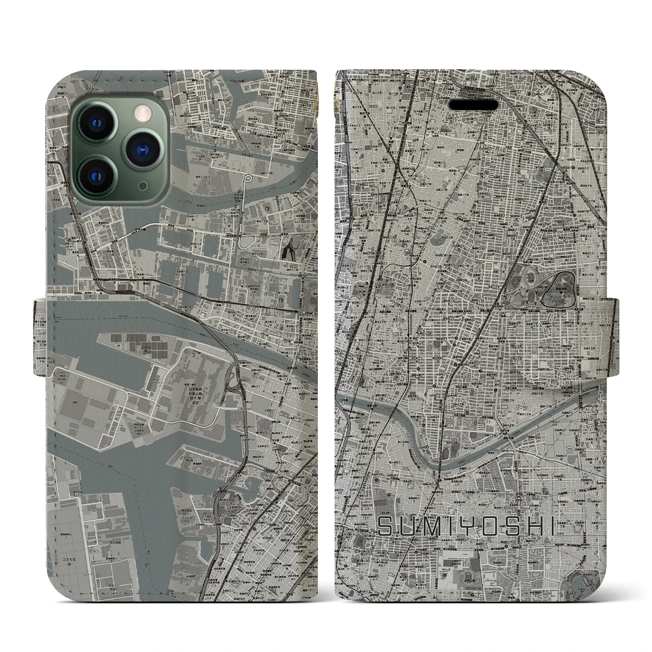 【住吉(大阪府)】地図柄iPhoneケース(手帳タイプ)モノトーン・iPhone 11 Pro 用