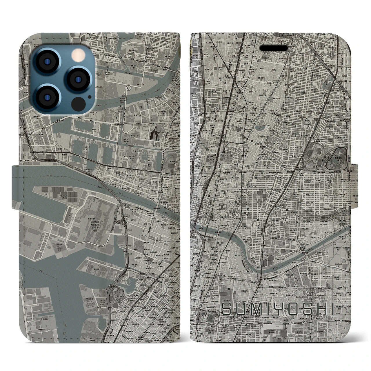 【住吉(大阪府)】地図柄iPhoneケース(手帳タイプ)モノトーン・iPhone 12 / 12 Pro 用