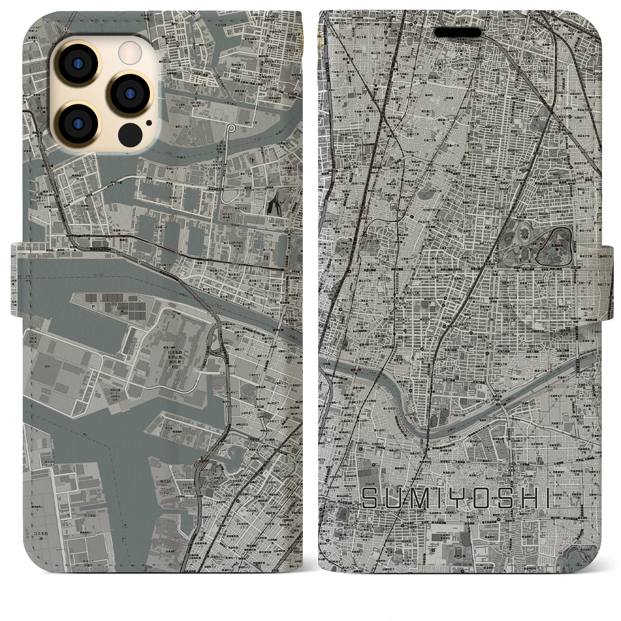 【住吉(大阪府)】地図柄iPhoneケース(手帳タイプ)モノトーン・iPhone 12 Pro Max 用
