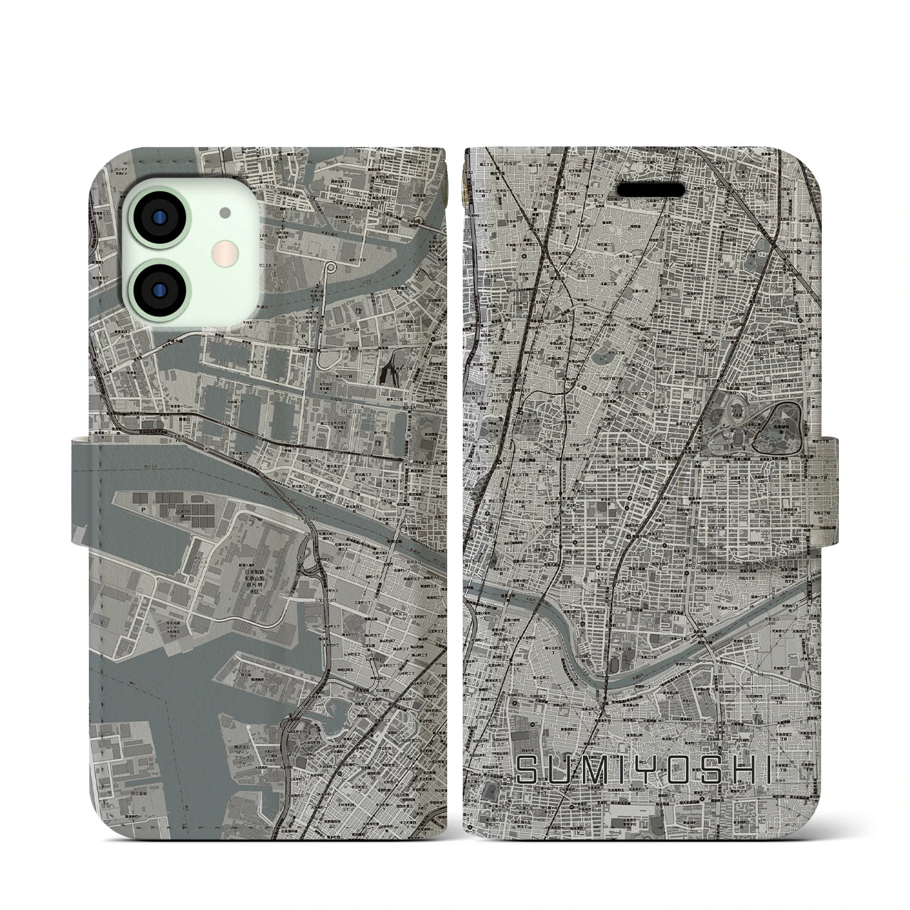 【住吉(大阪府)】地図柄iPhoneケース(手帳タイプ)モノトーン・iPhone 12 mini 用