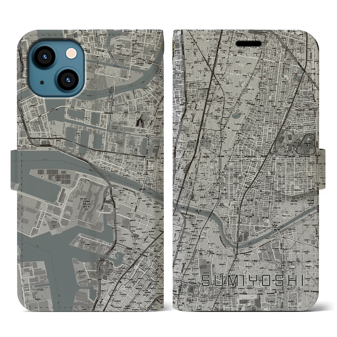 【住吉(大阪府)】地図柄iPhoneケース(手帳タイプ)モノトーン・iPhone 13 用
