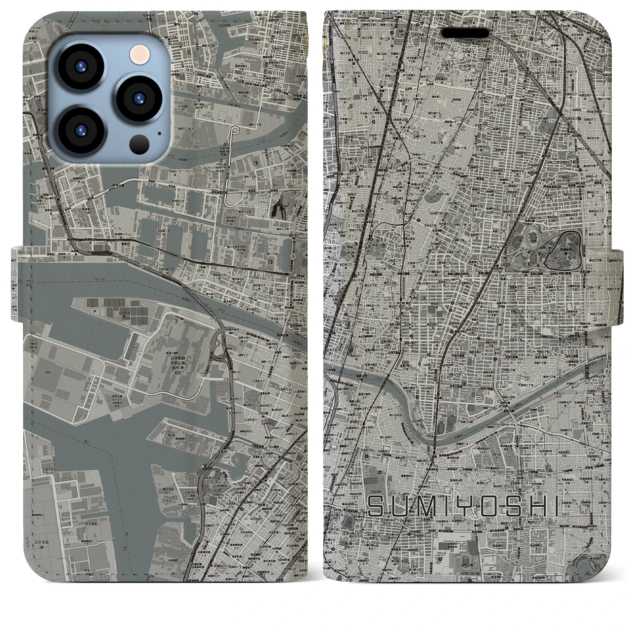 【住吉(大阪府)】地図柄iPhoneケース(手帳タイプ)モノトーン・iPhone 13 Pro Max 用