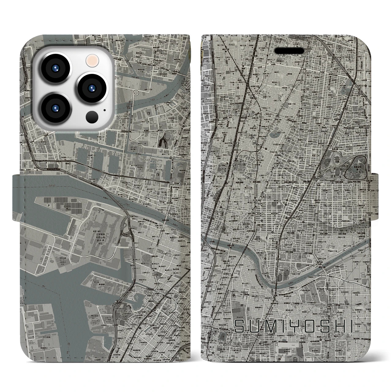 【住吉(大阪府)】地図柄iPhoneケース(手帳タイプ)モノトーン・iPhone 13 Pro 用