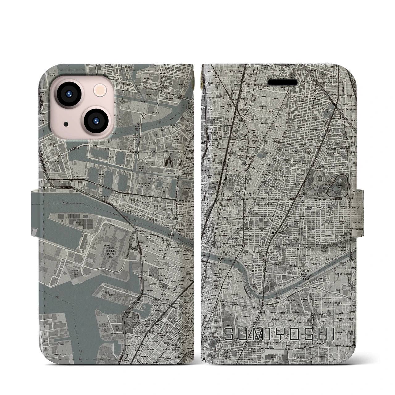 【住吉(大阪府)】地図柄iPhoneケース(手帳タイプ)モノトーン・iPhone 13 mini 用