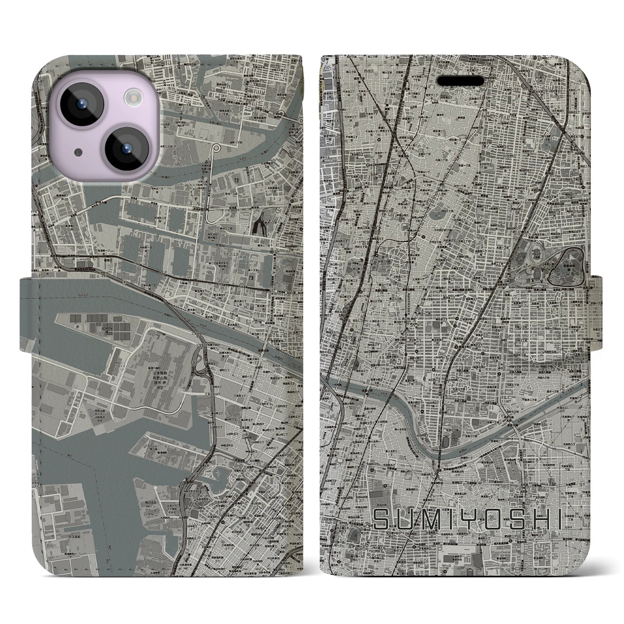 【住吉(大阪府)】地図柄iPhoneケース(手帳タイプ)モノトーン・iPhone 14 用